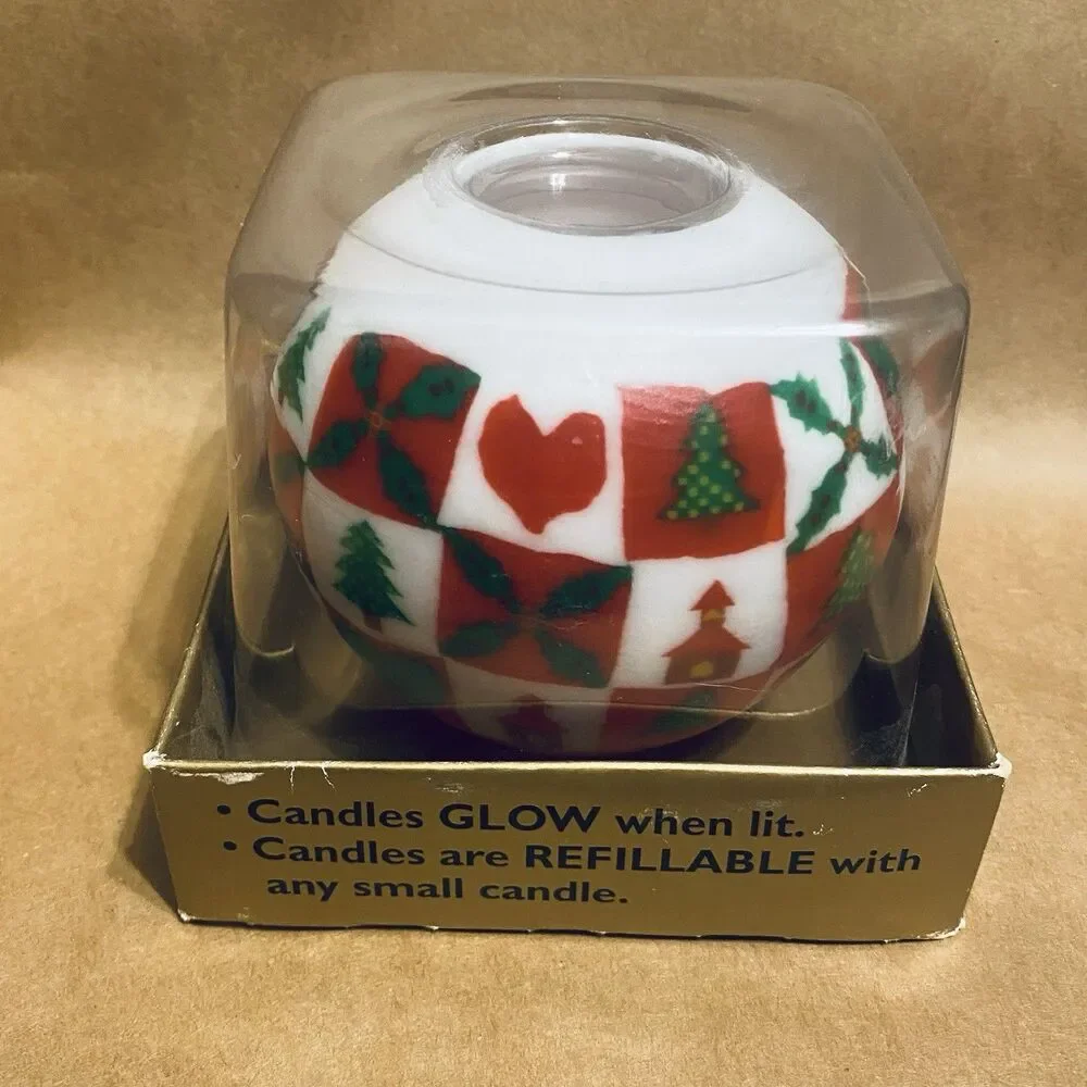 Star Bright Refillable Christmas Glow Candle Votive Holder Tree Folk Art NIB Vtg